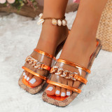 Summer Women Square Toe Rhinestone Chain Fashion Outdoor Wear Slippers Beach Sandals