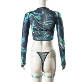 Mesh Printed Sexy See-Through Four-Piece Lingerie Set