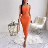 Fashion Women's Solid Color Hollow Slim Waist Strapless Dress