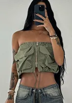 street Style Cargo Big Pocket Patchwork Zipper Strapless Vest Women Summer Tops