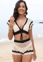 Women's Crochet Two Piece Set Contrast Color Lace-Up Tank Top Shorts Set