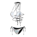 Sexy Shiny Drawstring Lace-Up Two Pieces Bikini Swimsuit