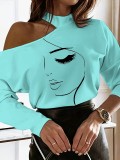 Women character abstract print off-the-shoulder sexy T-shirt