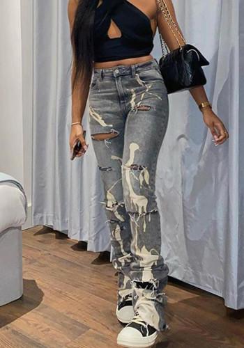 Women's Fitted High Waist Ripped Denim Pants High Stretch Jeans