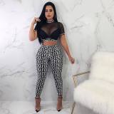 Women summer sexy mesh See-Through Top and Pant two-piece set