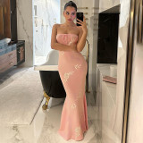 Women's Summer Solid Color Strapless Embroidered Long Dress