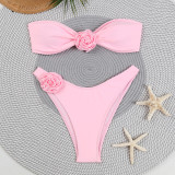 Solid Color Flower Sexy High Stretch Two Piece Strapless Bikini Women's Swimsuit
