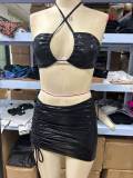 Glossy Strappy Bikini Skirt Three-Piece Swimsuit
