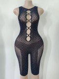 Beaded Sexy Lingerie Shiny Hollow See Through Mesh Tight Jumpsuit Net Clothing