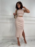Summer Women solid top and slit skirt two-piece set