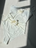 Women Drawstring Hollow Solid Rose Suspender One-Piece Swimwear