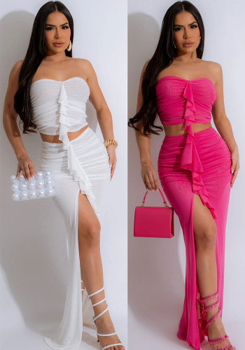 Women Summer Sexy Mesh Top and Slit Lotus Long Skirt Two-piece Set