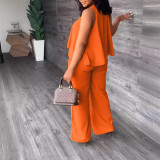 Women Summer Solid Round Neck Sleeveless Top And Wide Leg Pants Two-piece Set
