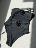 Women Drawstring Hollow Solid Rose Suspender One-Piece Swimwear