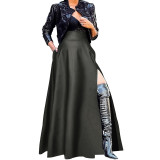 Plus Size Women pu-Leather Zipper Slit Skirt