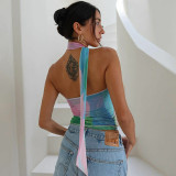 Women Summer Print Backless Streamers Strapless Top