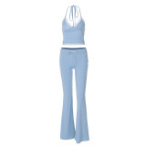 Women Summer Sexy V-Neck Strapless Top and Wide Leg Pants Two-piece Set