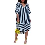 Plus Size Women Summer Striped Printed Short Sleeve Loose Casual Shirt Dress