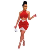 Women Round Neck Sleeveless Solid Top and Skirt Two-piece Set