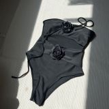 Women Drawstring Hollow Solid Rose Suspender One-Piece Swimwear