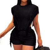 Plus Size Women Short Sleeve Top And Tassel Shorts Two-piece Set