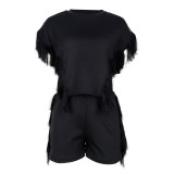 Plus Size Women Short Sleeve Top And Tassel Shorts Two-piece Set