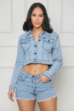 Women Casual Ripped Denim Top and Shorts Set