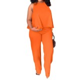 Women Summer Solid Round Neck Sleeveless Top And Wide Leg Pants Two-piece Set