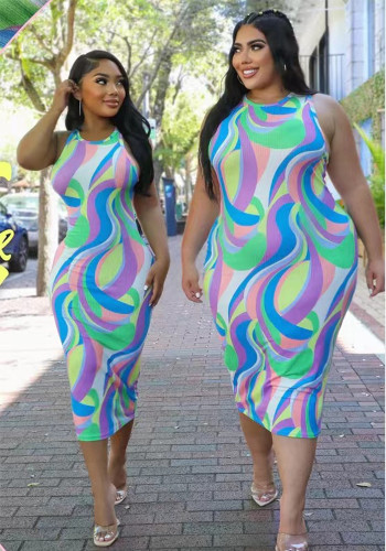 Women Summer Multi-Color Sleeveless Ribbed Dress