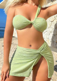 Women Solid One Shoulder Strapless Glossy Three-Piece Swimwear