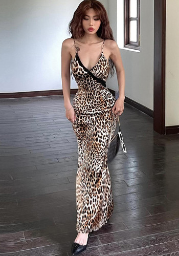 Women summer sexy v-neck leopard print Backless Strap Dress