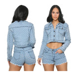 Women Casual Ripped Denim Top and Shorts Set