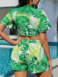 Women Summer Printed Sexy Shirt and Shorts Casual Two-piece Set