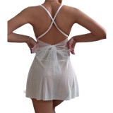 Women white polka sequined See-Through suspender skirt tied with bow nightgown
