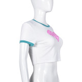 Women T-shirt Summer Round Neck Sexy Printed Short Sleeve Crop Top