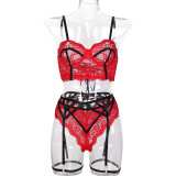 Women Cross Lace-Up Black and Red Contrast Color Lace Sexy Lingerie Three-Piece