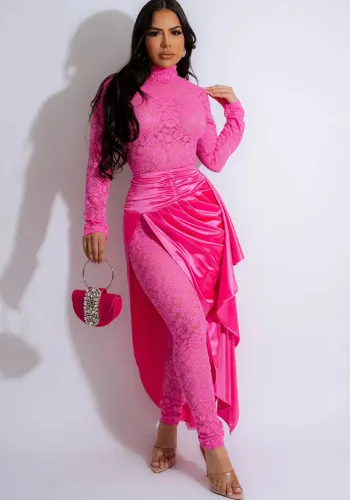 Women Solid Round Neck Long Sleeve Jumpsuit Tie And Half Cape Skirt Two Piece Set