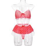 Women Red and White Polka Dot Contrast Color Mesh Puff Net Mesh Skirt Sexy Lingerie Set