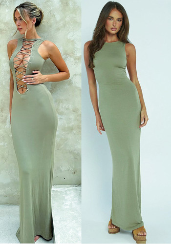 Women Summer Elegant Solid Lace-Up Hollow Long Dress
