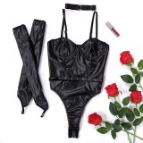 Women sexy lacquered Pu-Leather suspender one-piece sexy lingerie two-piece set including sleeves