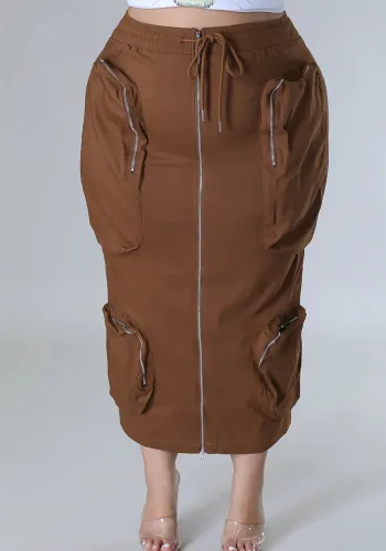 Plus Size Women Waist Cord Zipper Cargo Skirt