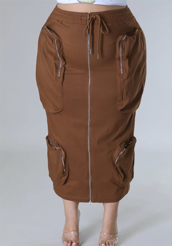 Plus Size Women Waist Cord Zipper Cargo Skirt