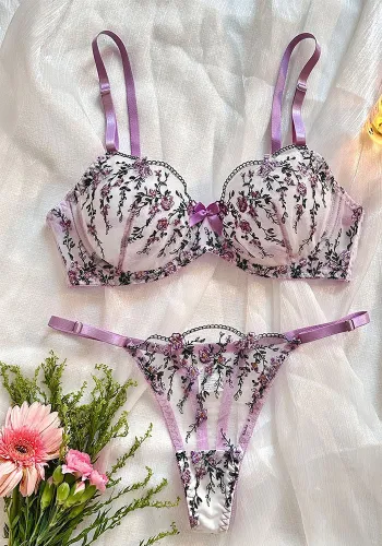 Women floral embroidered transparent mesh seductive lingerie two-piece set