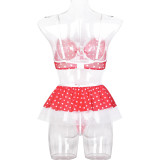Women Red and White Polka Dot Contrast Color Mesh Puff Net Mesh Skirt Sexy Lingerie Set