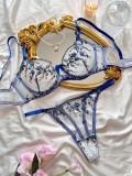 Women floral embroidered transparent mesh seductive lingerie two-piece set
