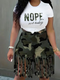 Women Camouflage Letter Print Top and Tassel Skirt Two-piece Set