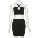 Women Polo Neck Halter Neck Solid Strapless Top And Mini Skirt Two-piece Set