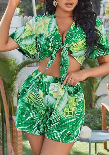 Women Summer Printed Sexy Shirt and Shorts Casual Two-piece Set