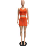 Women Sexy Knitting Hollow Tank Top and Skirt Two-piece Set