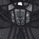 Women Black Lace Patchwork Suspender Bodysuit Sexy Lingerie